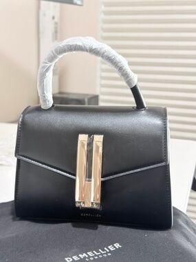 DeMellier Black Leather Top-Handle Satchel with Gold Accent